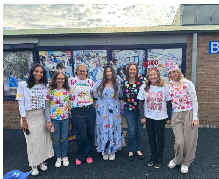 Kindergarten teachers dressed in 100 days of Kindy outfits