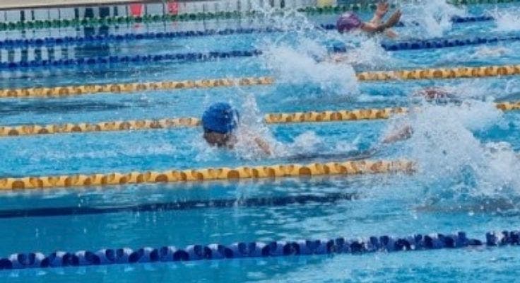 student in blue swimming cap swimming between yellow lane ropes