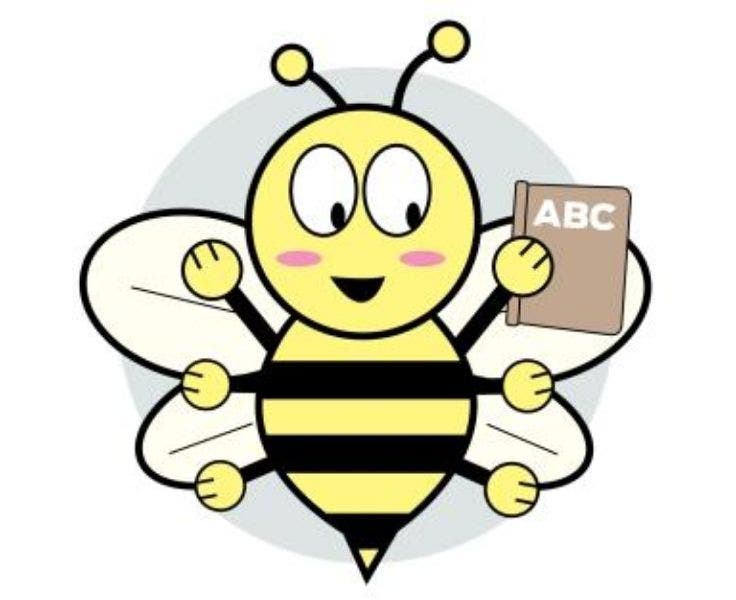 Premiers Spelling Bee Logo - cartoon bee holding a dictionary