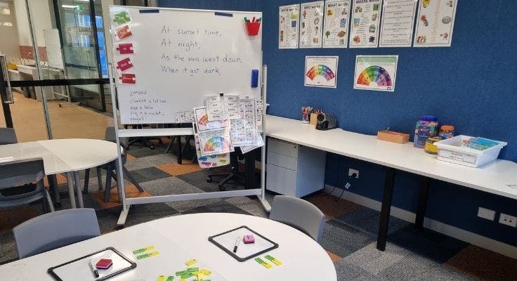Withrdrawal learning area with display posters and whiteboard and mini white boards and letters tiles on a desk