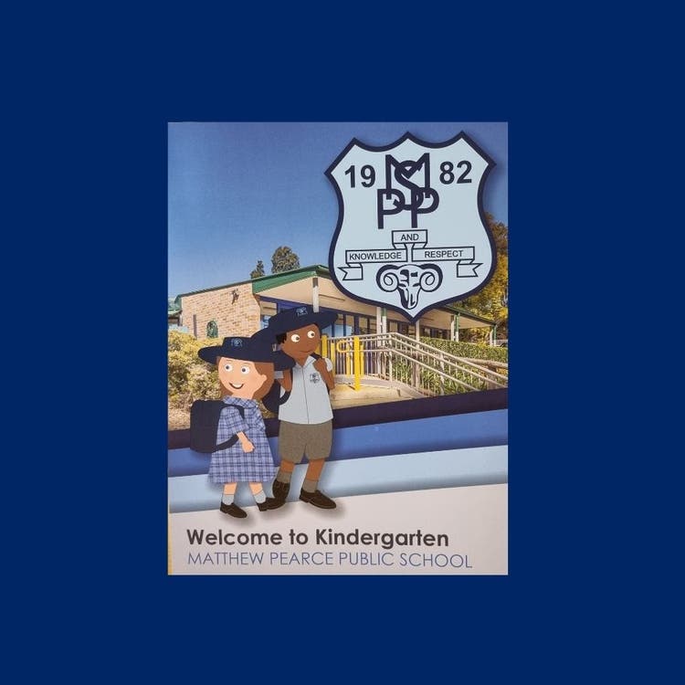 Exterior of a school office with cartoon students and school crest overlaid