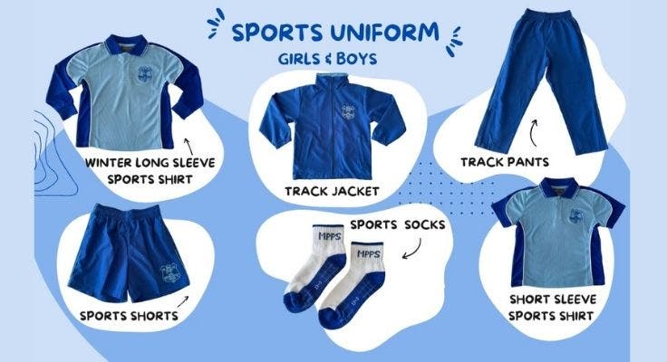 Sports uniform options - short or long sleeve polo shirt, shorts or track pants, track jacket and socks