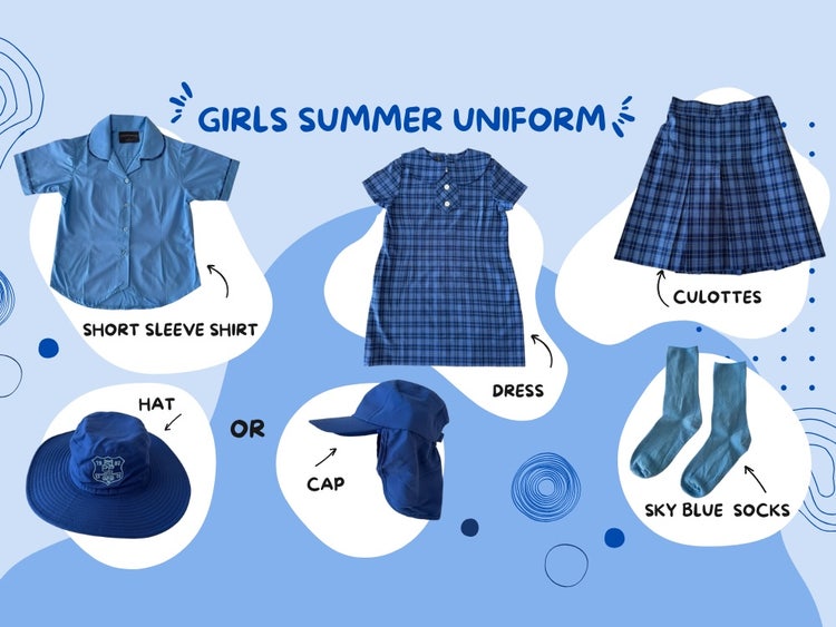 Girls Summer Uniform Options - blue tunic ro short sleeve shirt and culottes, blue sock, hat or cap