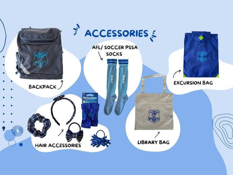 Accessories - school backpack, excursion bag, library bar, sport socks, hair accessories