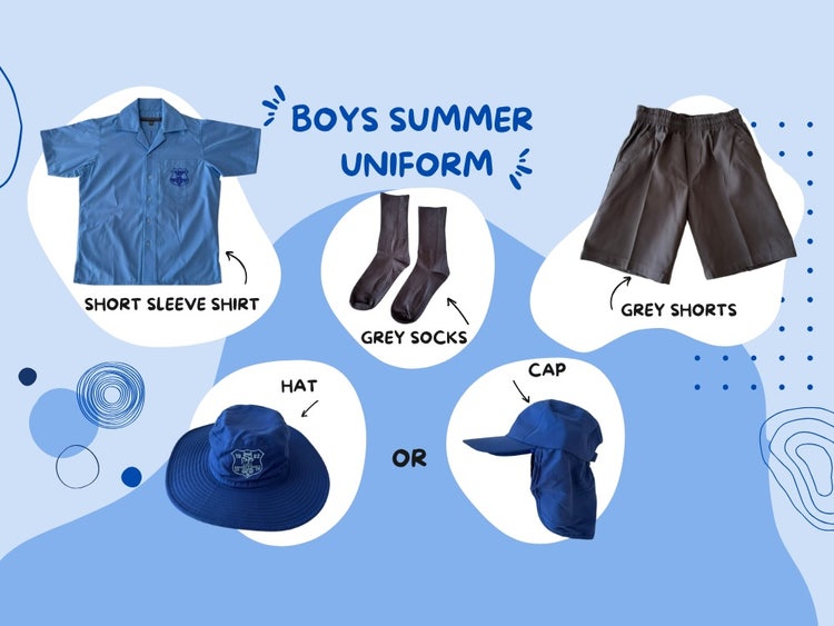 Boys summer uniform options - short sleeve shirt, grey shorts, sock and hat or cap