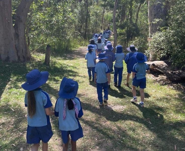 Students in school uniform going on a bush walk