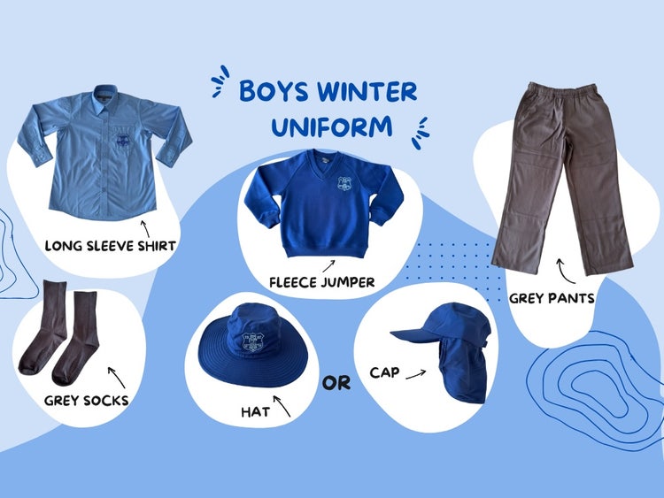 Boys Winter Uniform opttions - long sleeve shirt, grey pants, fleece jumper, grey socks, hat or cap