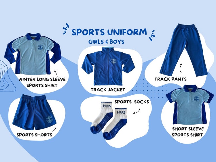 Sports uniform options - short or long sleeve polo shirt, shorts or track pants, track jacket and socks