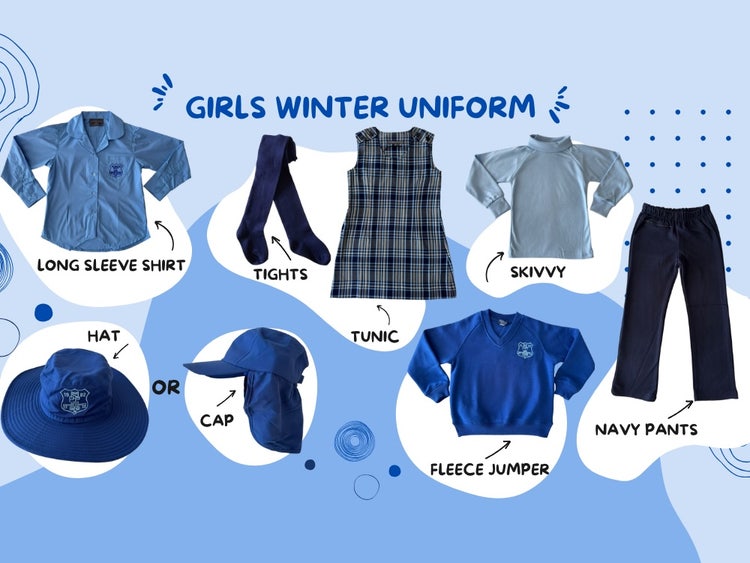 Girls Winter Uniform Options - Long sleeve blue shirt, tunic and navy tights, blue skivvy, navy pants, fleece jumper, hat or cap